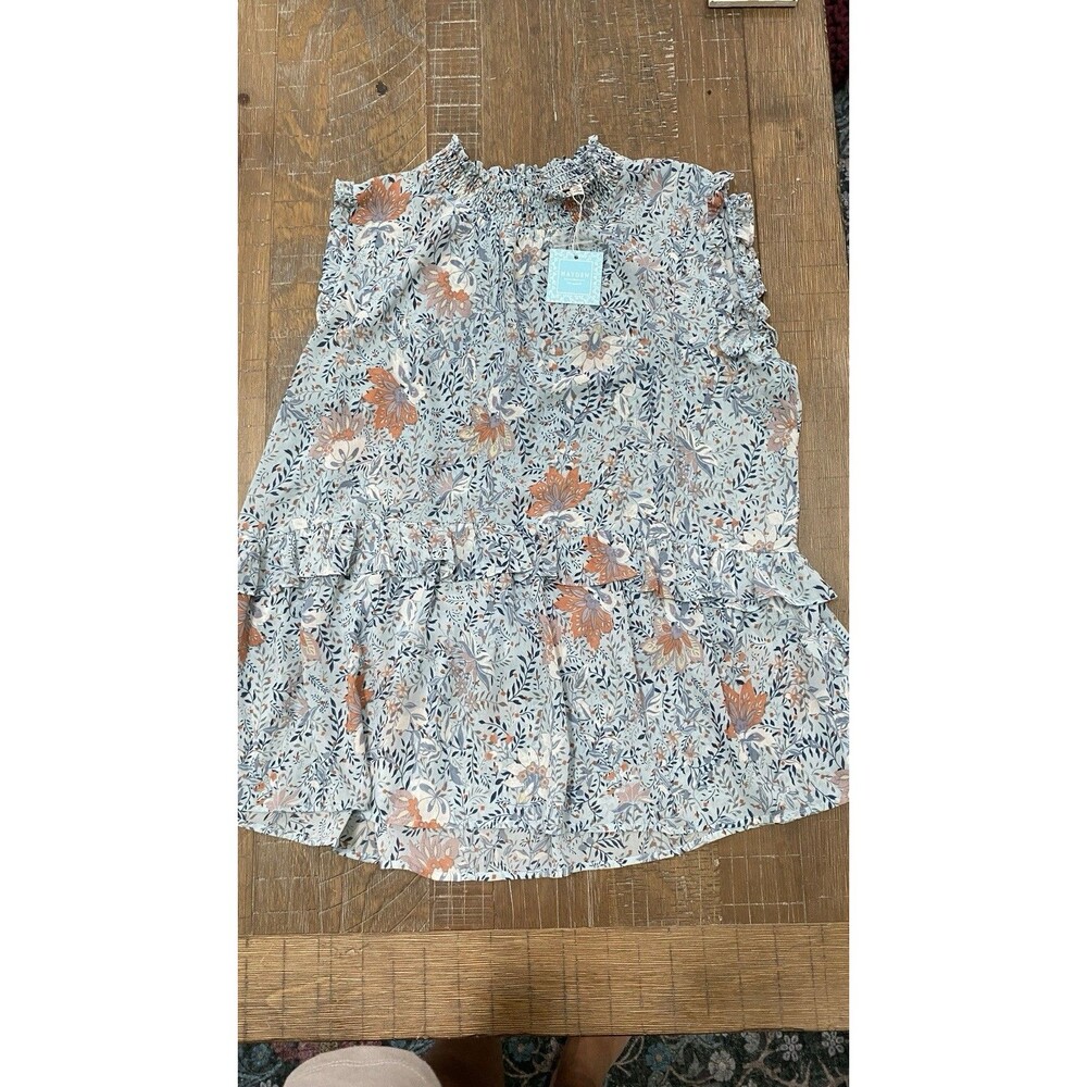 Hayden Los Angeles 1XL Blue Floral Ruffle Mock Neck Blouse Boho Sleeveless